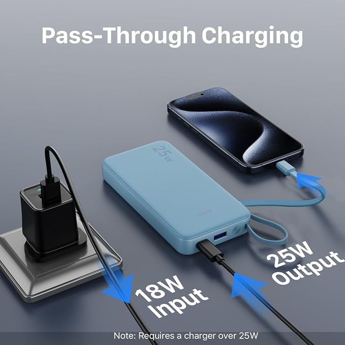 JUOVI 25W Portable Charger 10000mah Power Bank Built-in USB-C Cable | Battery Pack with LED Display, Portable Phone Charger for iPhone 17 16 15 14 Samsung S24 S23 iPad Tablets