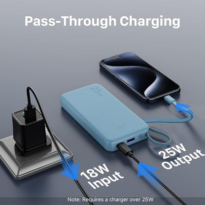 JUOVI 25W Portable Charger 10000mah Power Bank Built-in USB-C Cable | Battery Pack with LED Display, Portable Phone Charger for iPhone 17 16 15 14 Samsung S24 S23 iPad Tablets