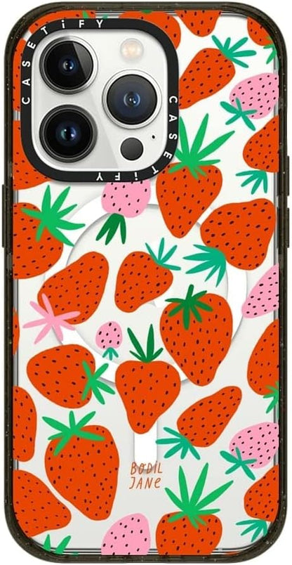 CASETiFY Impact iPhone 14 Pro Case [4X Military Grade Drop Tested / 8.2ft Drop Protection/Compatible with Magsafe] - Strawberries - Glossy Black