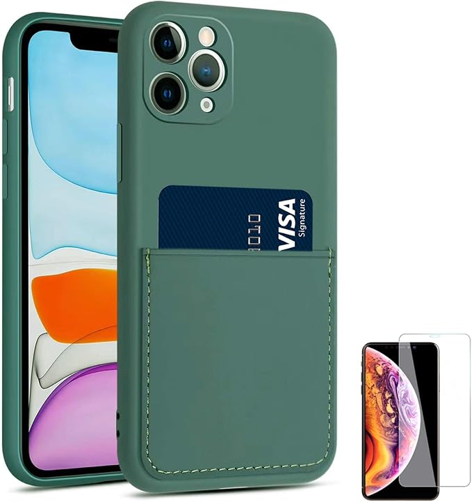 Ultra Slim Liquid Silicon Gel Case Compatible for iPhone 11 Pro 5.8 inch 2019 with Card Holder Sleeves Slot Anti-Scratch Shockproof Wallet Cover with Screen Protecto(Pine Green)