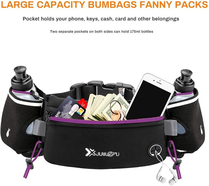 Number-one Running Belt with Water Bottles(2 x 175ML), Hydration Belt Waterproof Waist Pack Bag Fits iPhones Adjustable Sports Waist Pouch for Marathon Running Hiking Cycling, Purple