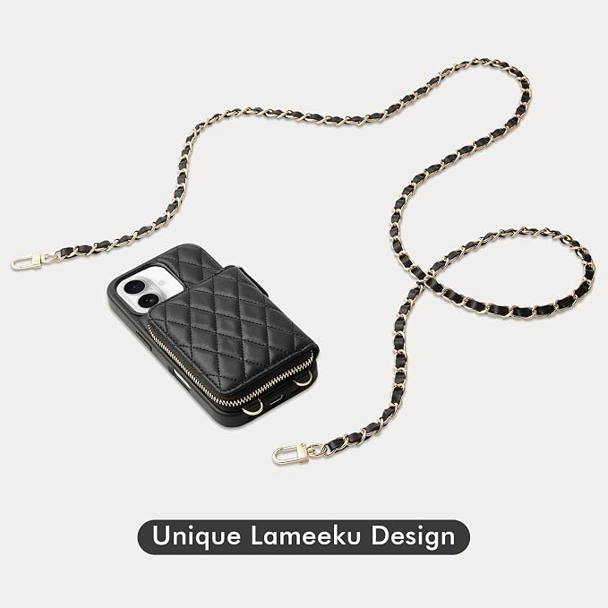LAMEEKU for iPhone 17 Wallet Case with Strap, Card Holder Quilted Crossbody Leather Zipper Cover for Women 6.3'' Black
