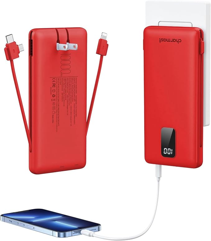 charmast Portable Charger,Power Bank Built-in Cables and AC Wall Plug,10000mAh USB C Fast Charging,External Battery Pack Slim,Travel Essentials Compatible with iPhone,iPad,Samsung,Android