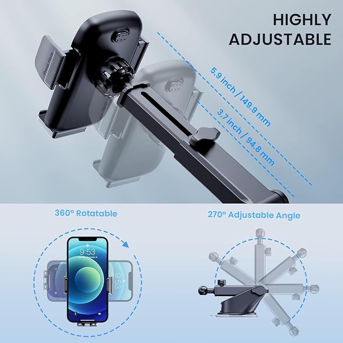 TICILFO Dash Car Phone Holder Mount - [Ultra-Strong Suction Cup] 360° Rotatable Car Phone Holder, Quick Release & Adjustable, Cell Phone Mount for Dashboard Windshield, Compatible with iPhone Android