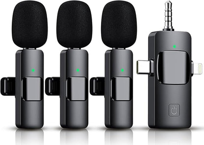 3 in 1 Wireless Lavalier Microphone for iPhone, iPad, Android, Camera,12-Hour Battery, mini Noise Reduction Recording Mic 2.4G Ultra-Low Delay, Microphone for Vlog/ TikTok/YouTube Live Stream( 3 Mic)