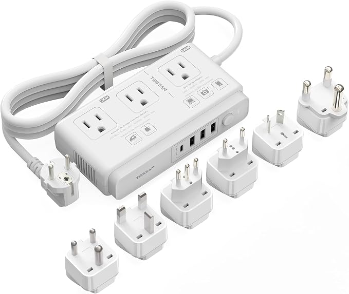 TESSAN Voltage Converter US to Europe, 220 to 110 Voltage Converter | Universal Travel Adapter, 4 USB Ports (1 USB C), 3 AC and EU UK AU IT in ZA Plug Power Adapter, Step Down Transformer, 4 FT