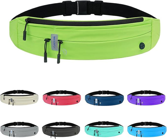 WATERFLY Running Belt Fanny Pack: Runner Marathon Jogging Waist Pack Sport Workout Exercise Fitness Phone Holder Belt for Men Women Jogger Slim Waistband Black