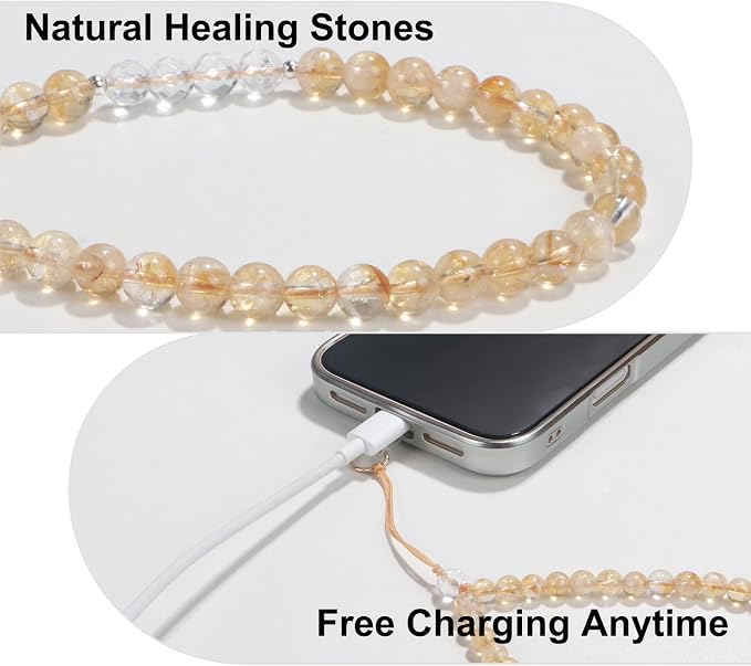 TEAMOLA Natural Stone Phone Charm, Handmade Crystal Cellphone Chain for Universal, Beaded Healing Anti Theft Phone Wrist Strap with Tether Tab, Citrine & Clear Quartz
