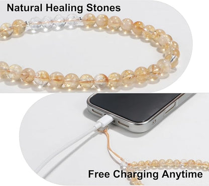 TEAMOLA Natural Stone Phone Charm, Handmade Crystal Cellphone Chain for Universal, Beaded Healing Anti Theft Phone Wrist Strap with Tether Tab, Citrine & Clear Quartz