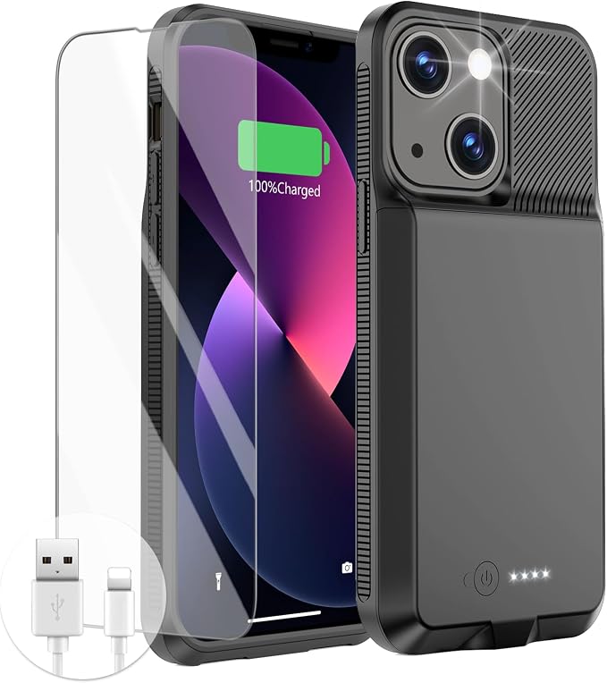 GIN FOXI Battery Case for iPhone 13/13 Pro/14/14 Pro, Charging Case Real 7000mAh Rechargeable Charger Cover Anti-Fall Protection Ultra-Slim Extended Battery Pack Juice Box, 6.1" Black