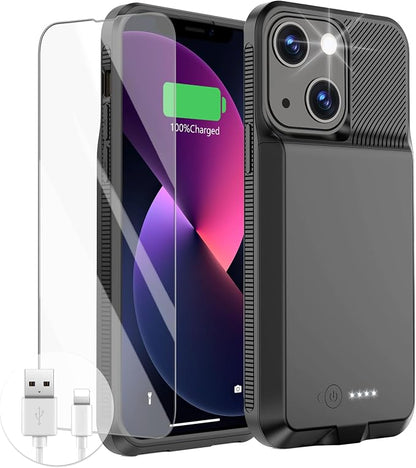 GIN FOXI Battery Case for iPhone 13/13 Pro/14/14 Pro, Charging Case Real 7000mAh Rechargeable Charger Cover Anti-Fall Protection Ultra-Slim Extended Battery Pack Juice Box, 6.1" Black