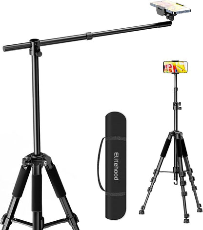 elitehood Phone Tripod for Overhead Video Recording – Updated Horizontal 59-inch Adjustable Tripod for iPhone with 25in Long Extendable Arm, 360° Rotation iPhone Stand Holder for Overhead Recording