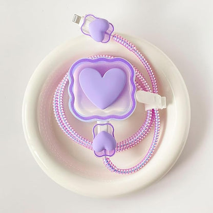 Charger Protection Set, Compatible with Apple 40W Dynamic Power Adapter (with 60W Max), DIY 3D Heart Wave Gradient Flexible TPU Charger Case + Laser Spiral Data Cable Protector, Purple (5in1)