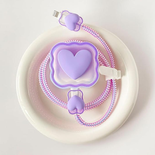 Charger Protection Set, Compatible with Apple 40W Dynamic Power Adapter (with 60W Max), DIY 3D Heart Wave Gradient Flexible TPU Charger Case + Laser Spiral Data Cable Protector, Purple (5in1)