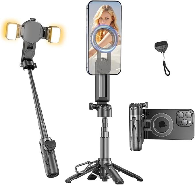 Magnetic Mini Phone Selfie Stick, Mag-Safe 4 in 1 Small Portable Pocket Tripod for iPhone/Android, with Removable Phone Clip, Remote & 2 Fill Light for Photograph/Live Streaming/Video Recording