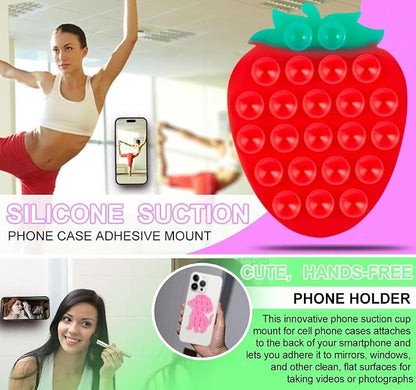 Silicone Phone Grip, 23 Suction Cups, Suitable for Selfies and Videos on Mirrors, bathrooms and Smooth Surfaces, Compatible with iPhone, Samsung, etc. (Strawberry Shape, Light Pink)