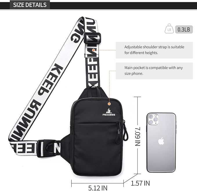 Peicees Mini Crossbody Sling Bag Chest Bag Dual Pocket Water Resistant Fanny Pack Running Phone Holder for Men Women Workout Travel, Grey