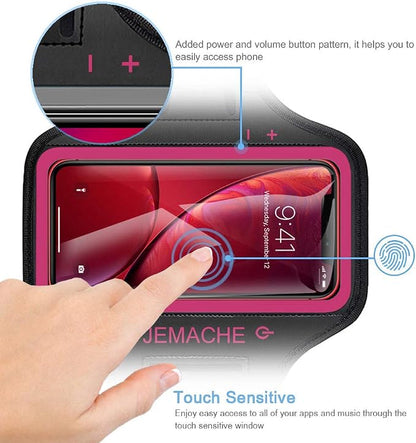 iPhone 17 16 15 Armband, JEMACHE Water Resistant Gym Running Workouts Arm Band for iPhone 17 16 15 14 13 12 Pro (Rose)