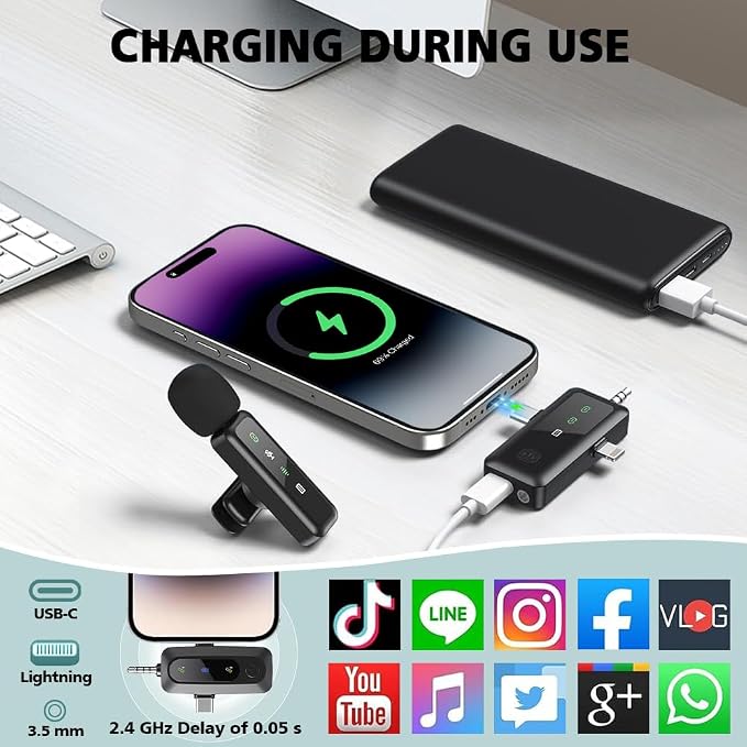 Mini Microphone,3 in 1 Wireless Lavalier Microphones for iPhone/iPad/Android/Camera(Lightning/USB/3.5 mm Jack),2 LED Display Bluetooth Microphone Mute/Noise for Video Recording Vlog,Youtube, Tiktok