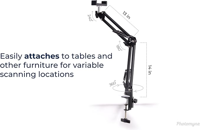 PHOTOMYNE Sturdy Flexible Phone Holder for Desk, Table, Office, Kitchen with Clamp for Photo Album Scanning, iPhone Holder for Desk- Black