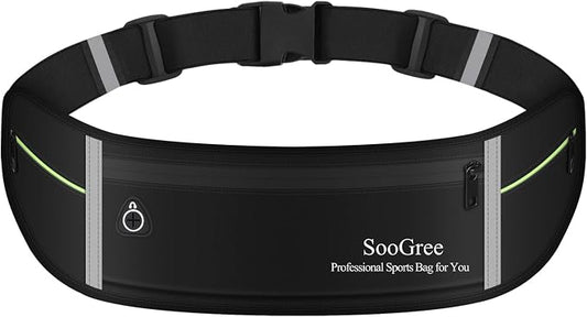 SooGree Slim Running Belt Sport Fanny Pack for Women Men,Reflective Waist Pack Runner Pouch Belt, Zipper Waterproof Running Phone Holder Jogging Pouch for Phone Money (GSP8806 Black)