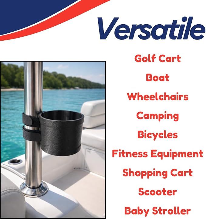 Chatelet Universal Cup Holder with Strap-On Design | Adjustable Drink Holder for Boats, Golf Carts, Pool Umbrellas, Strollers & More | Fits Cans, Bottles & Tumblers | Made in USA (Black, Cup)