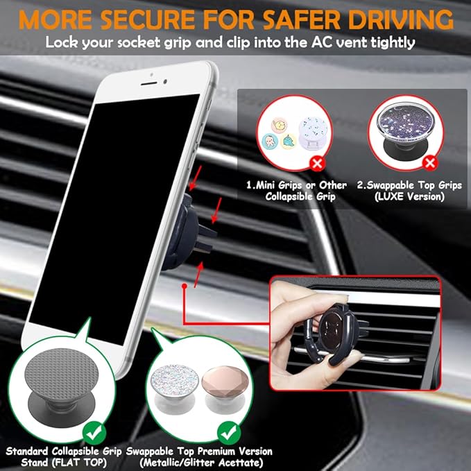 Car Vent Mount Holder 2 Pack - Compatible with Popsocket - Black Leather Car Mount Made for Pop Socket Grips Collapsible Phone Holder for PopMount - with Clip for Horizontal Air Vent ONLY