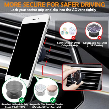 Car Vent Mount Holder 2 Pack - Compatible with Popsocket - Black Leather Car Mount Made for Pop Socket Grips Collapsible Phone Holder for PopMount - with Clip for Horizontal Air Vent ONLY
