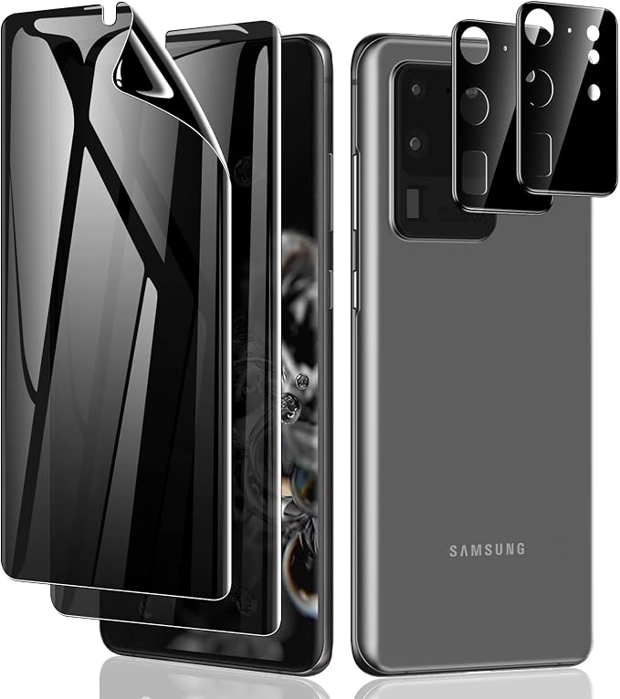 LYWHL 2+2 Pack for Samsung Galaxy S20 Ultra Privacy Screen Protector, Anti-Spy Black Full Adhesive Flexible Film + Camera Lens Glass Protector for Galaxy S20 Ultra