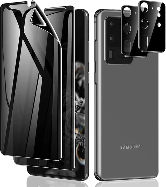 LYWHL 2+2 Pack for Samsung Galaxy S20 Ultra Privacy Screen Protector, Anti-Spy Black Full Adhesive Flexible Film + Camera Lens Glass Protector for Galaxy S20 Ultra