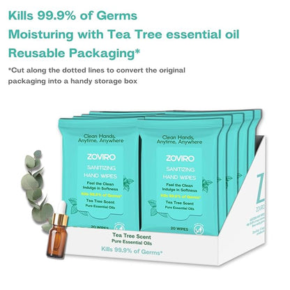 Zoviro Hand Sanitizer Wipes, Moisturizing With Tea Tree Essential Oil, Ultra-Soft 100% Viscose, Hand Wipes Travel Size, Tea Tree Scent, 20 Count (Pack of 10)