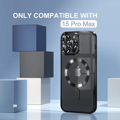 Misea Magnetic for iPhone 15 Pro Max Case with MagSafe [Never Yellowing] [Military Grade Drop Protection] Full Camera Lens Protector Plating Soft Clear Phone Case for Women Girls, Black