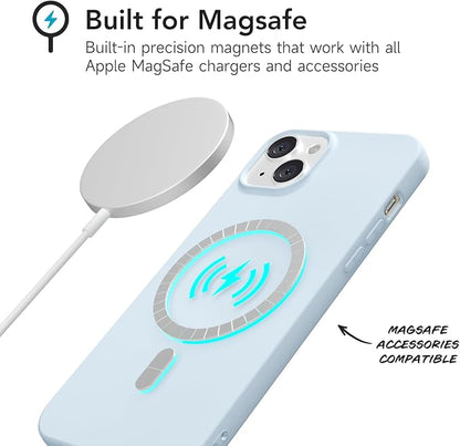 for iPhone 15 Plus/ 14 Plus Case Silicone Compatible with Magsafe Case, Ultra Slim Thin Magnetic Phone Cases Mag Safe, Cute Soft Rubber Gel Matte Wireless Charging Cover for Women, Light Blue