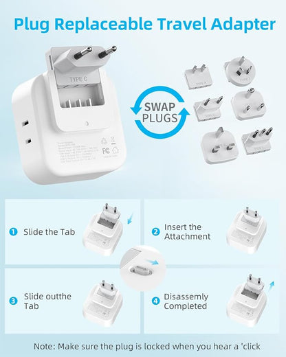 European Travel Plug Adapter Set, 8-in-1 Travel Adapter with 4 Outlets | Universal Travel Adapter, Type C/G/D/L/A/I Detachable Plugs, 4 USB Ports (2 USB C), US to UK/EU, International Power Adapter