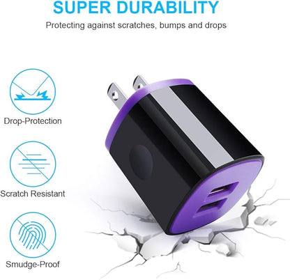 USB Wall Charger, 2Pack Travel Charging Block Dual Port USB Cube Power Adapter Wall Plug Compatible iPhone 17/16/15/14/13/12/11/Pro Max/SE/XS/XR, Samsung Galaxy S24 S23 S22 S21, Pixel 10 Pro (Purple)