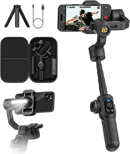 AOCHUAN Professional Gimbal Stabilizer for Smartphone,Built-in 18CM Extension Rod and Powerful Fill Light,360°Inception,Face&Object Tracking Stabilizer,3-Axis Gimbal for iPhone& Android-Smart S2