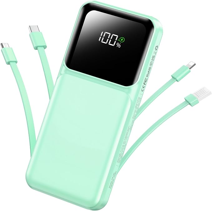 RONEGN Portable Charger with Built in Cable -20000mAh Fast Charging Power Bank USB C Slim 22.5W LED Display Battery Pack 5 Outputs & 3 Inputs for Travel Essentials iPhone Samsung Phones Green