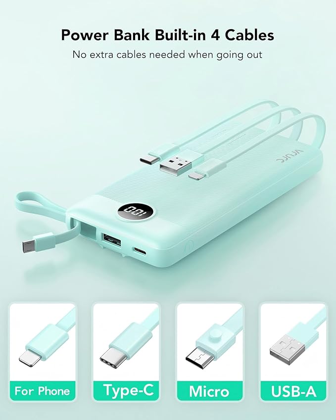 VRURC Power Bank with Built-in Cables,USB C Portable Charger for iPhone | 10000mAh Slim Charging Bank with Lanyard, Perfect for Travel, Work, School and Daily Carry-Green