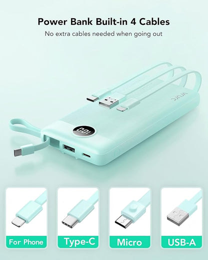 VRURC Power Bank with Built-in Cables,USB C Portable Charger for iPhone | 10000mAh Slim Charging Bank with Lanyard, Perfect for Travel, Work, School and Daily Carry-Green
