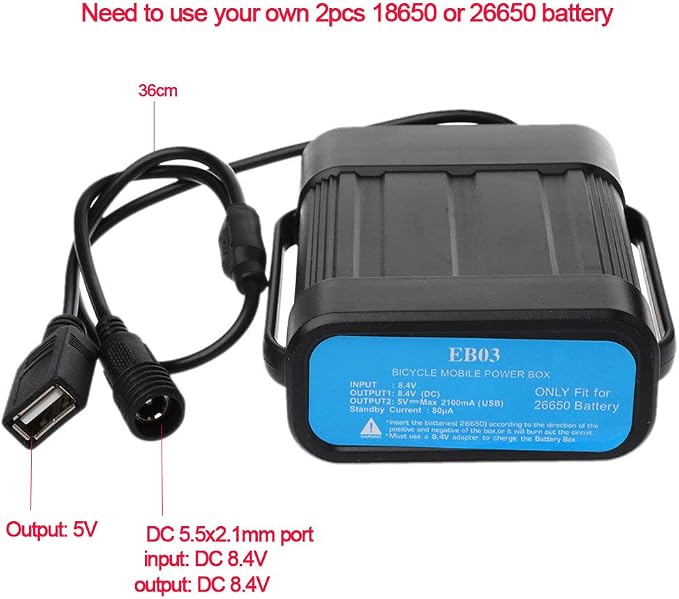 Pack Of 2pcs 18650 26650 8.4V Rechargeable Battery For Case Pack Waterproof Housing Cover With For USB Charger For Bi Battery Case Holder Box Bracket Stand Shelf Storage Container Pack Cover Bag