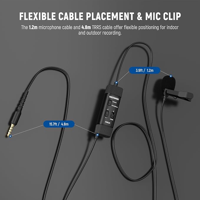 NEEWER 3.5mm TRRS Lavalier Lapel Microphone Plug & Play Mini Clip on Mic Omnidirectional Condenser for Camera Phone PC, Low Frequency Cut, Gain Control, Monitoring Headphone Jack, CM10