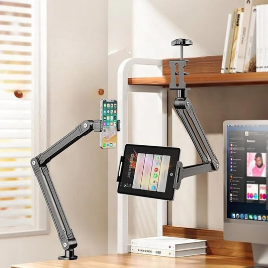 2 in 1 Gooseneck Phone Holder for Bed - Ultra Sturdy Cell Phone Stand for Desk Kindle Holder for Bed Flexible Arm Clamp Tablet Mount Stand fits iPhone iPad Switch Kindle Device Black