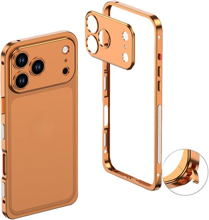 Thin Metal Frame Heat Dissipation Case with Lens Protector Slim Hard Titanium Shockproof for iPhone 17/16/15/14 /13 (Orange,for iPhone17 Pro)