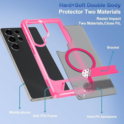 RMOCR for Samsung Galaxy S26 Ultra Case with Screen Protector+Lanyard Wrist Strap,Magnetic Translucent Matte Rugged Slim Phone Cover Built in Invisible Kickstand [Fit for MagSafe],2026 Hot Pink