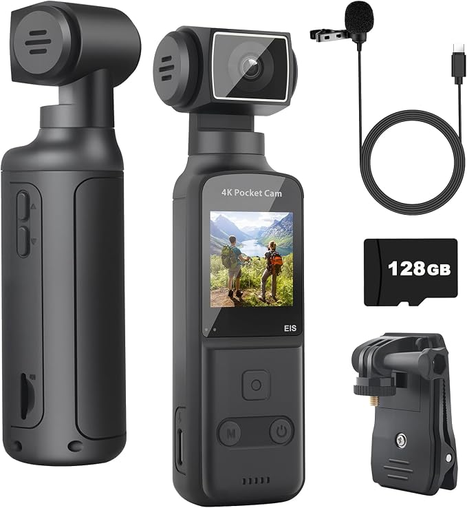 4K Body Camera with External Microphone, Mini Video & Audio Pocket Cam 270° Rotation Camera for Outdoor Sport, Bike, Travel, Police Law Enforcement, Personal Civilians, 128GB Included