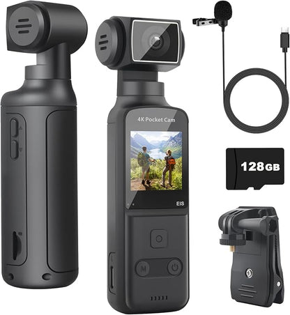 4K Body Camera with External Microphone, Mini Video & Audio Pocket Cam 270° Rotation Camera for Outdoor Sport, Bike, Travel, Police Law Enforcement, Personal Civilians, 128GB Included