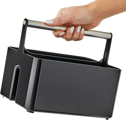 mDesign Plastic Shower Caddy Storage Organizer Utility Tote, Divided Basket Bin - Metal Handle for Bathroom, Dorm, Kitchen, Holds Soap, Shampoo, Conditioner - Aura Collection - Black/Brushed Chrome