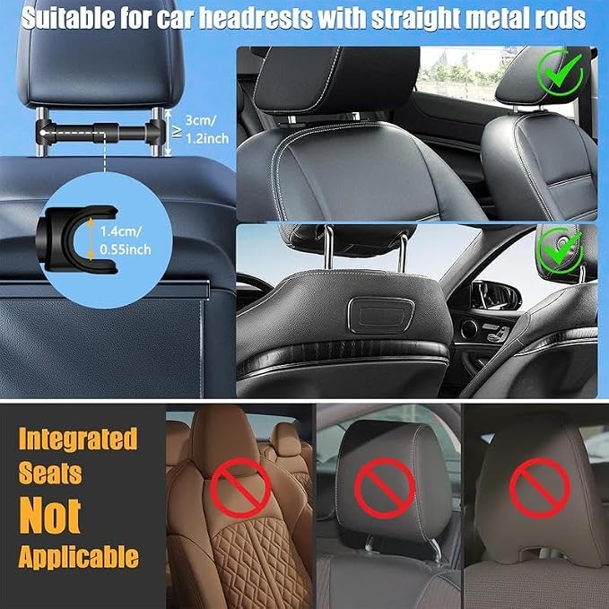 Car Headrest Phone Tablet Holder, 360° Rotating Extension Arm, Fits 4.7-11 Inch, Universal Travel Must-Have for Kids, Universal Smartphone Holder