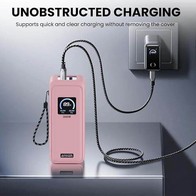 Compatible with Anker Prime Power Bank 26,250Mah 300W Case Cover, Soft Silicone Shockproof Protective Case for Anker 300W Prime Power Bank with Anti-Lost Strap, LCD Display Visible (Pink)