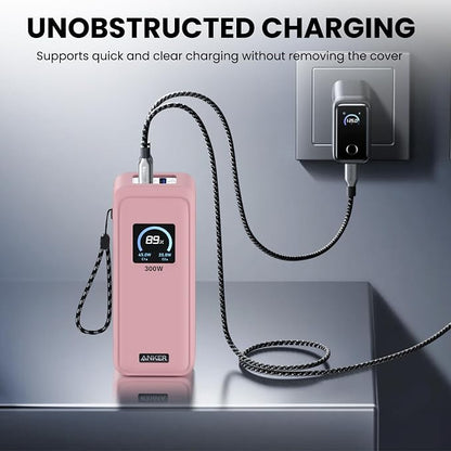 Compatible with Anker Prime Power Bank 26,250Mah 300W Case Cover, Soft Silicone Shockproof Protective Case for Anker 300W Prime Power Bank with Anti-Lost Strap, LCD Display Visible (Pink)